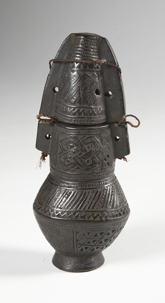 Cup for palm oil, cups, pipe, vessel, gunpowder vessel, bell, and headrest – box. DR Congo, 19th c.