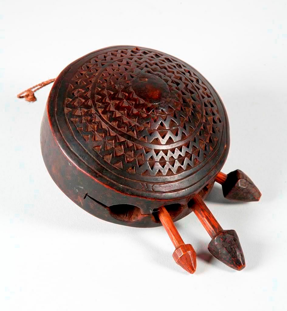 Cup for palm oil, cups, pipe, vessel, gunpowder vessel, bell, and headrest – box. DR Congo, 19th c.