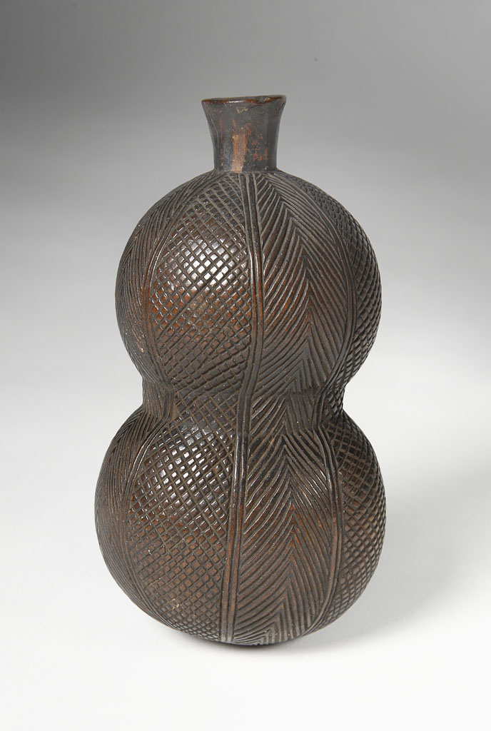 Cup for palm oil, cups, pipe, vessel, gunpowder vessel, bell, and headrest – box. DR Congo, 19th c.